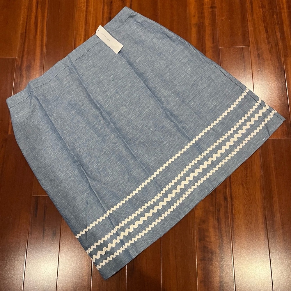 New NWT Ann Taylor Blue Skirt Linen Cotton White Trim Knee Length ALine Size 16